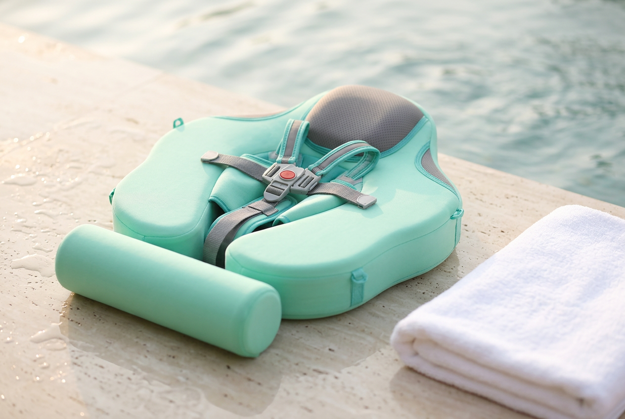AquaNest baby float with canopy on soft sand beside a folded cream towel