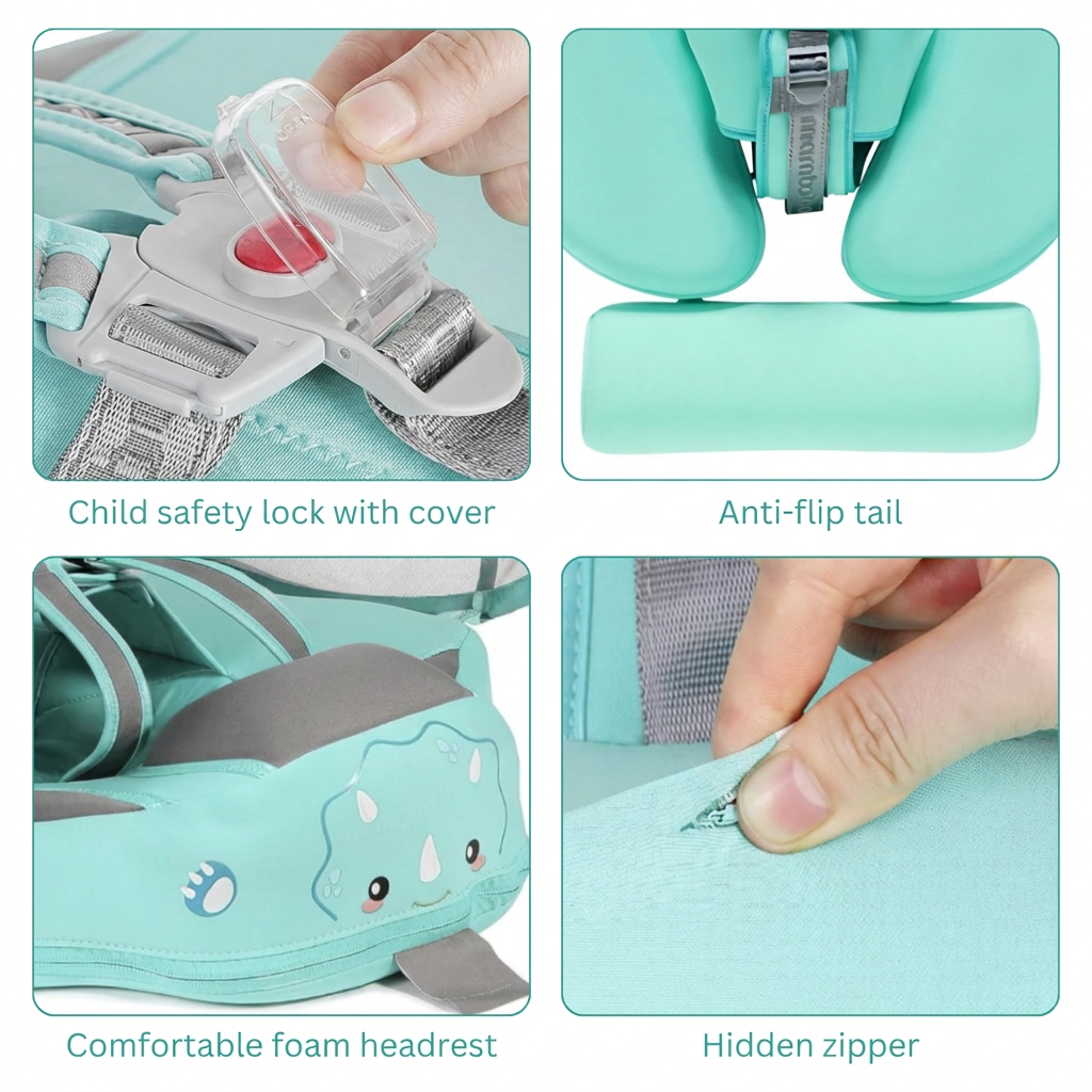 Close-up details of the child safety lock, anti-flip tail, foam headrest and hidden zipper