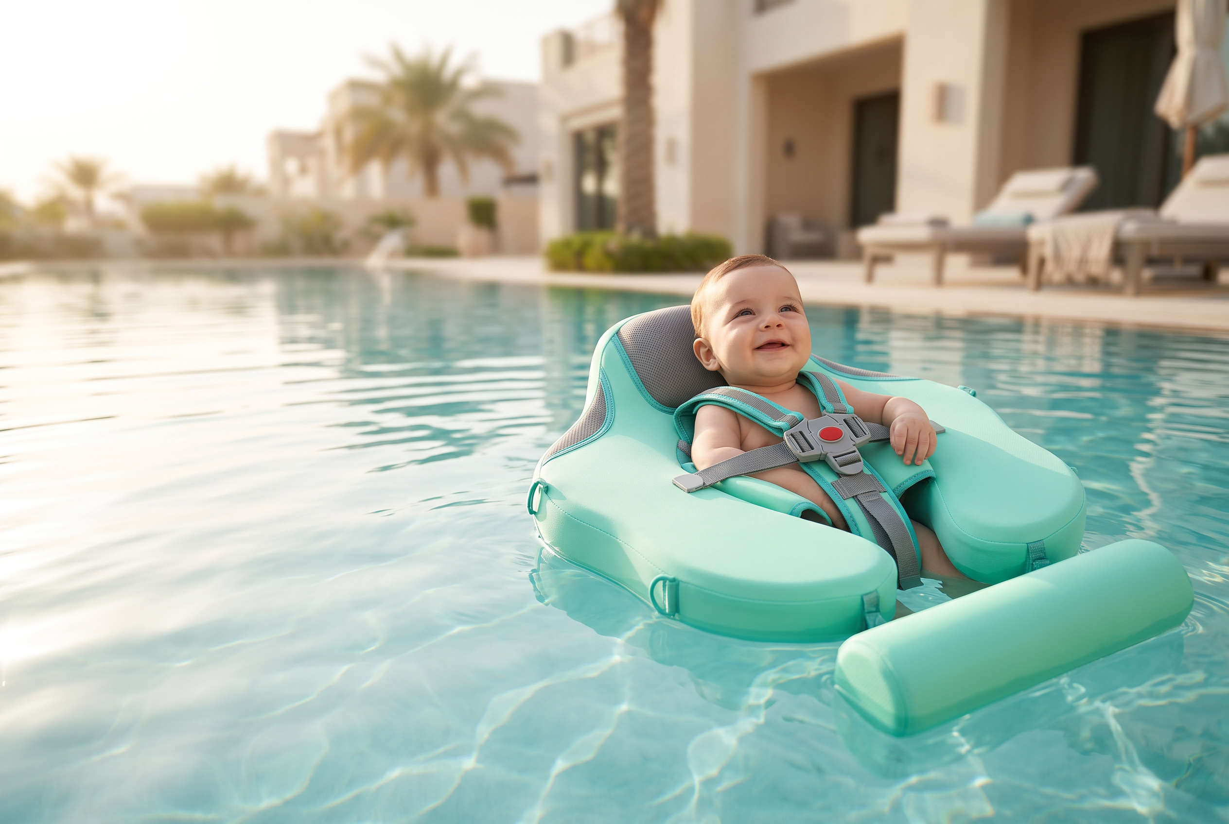 AquaNest air-free baby float with harness, headrest and anti-flip tail