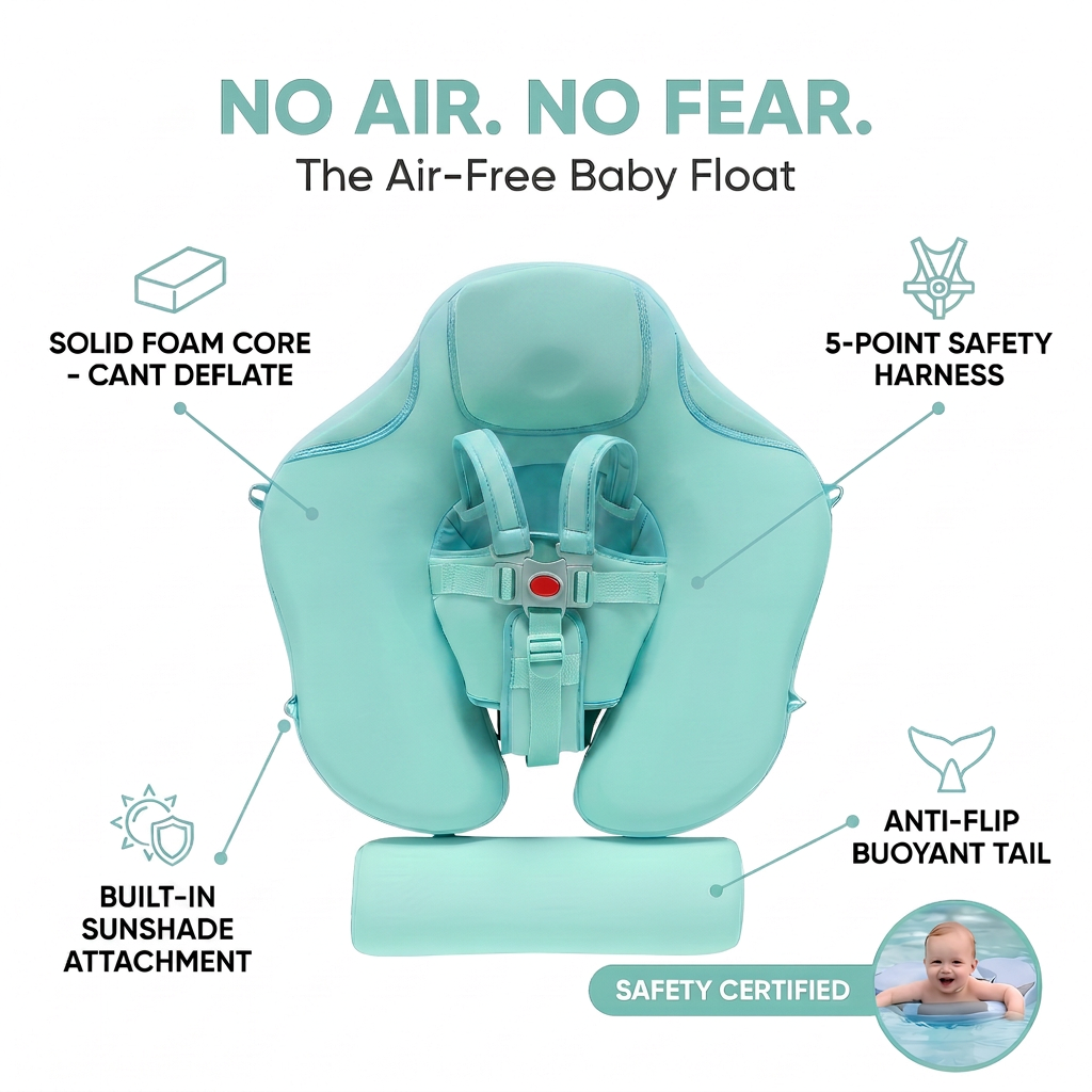 AquaNest float features: solid foam core, harness, canopy, anti-flip tail