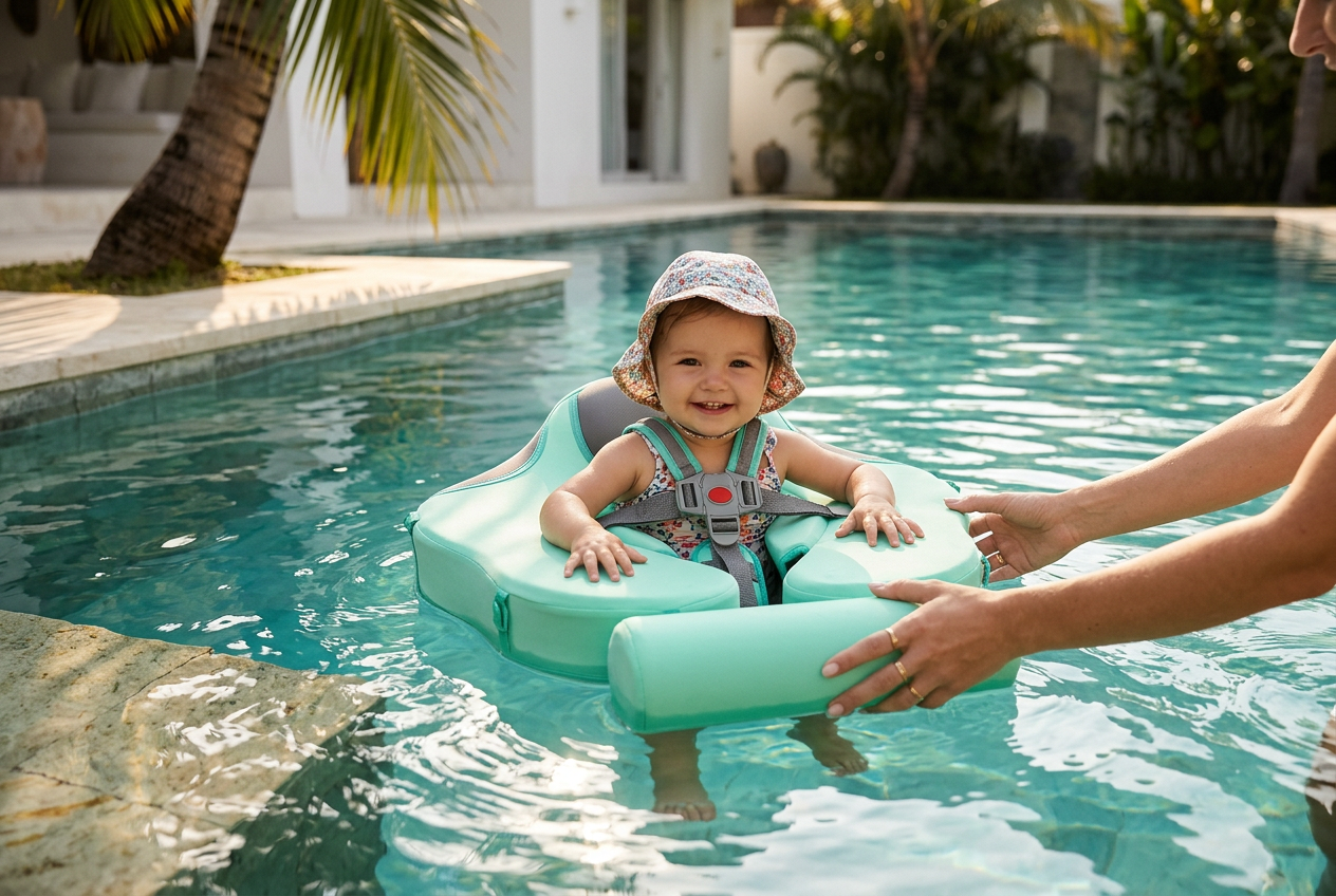 Parent and baby enjoying a shaded villa pool moment in the UAE
