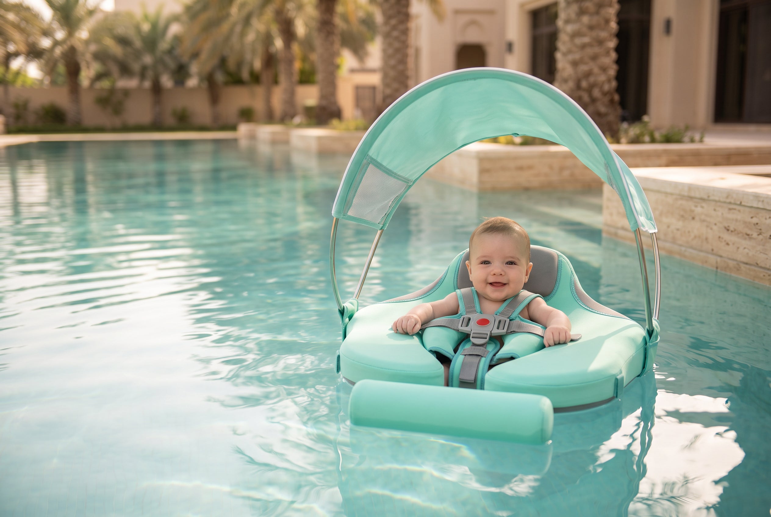 Baby resting under the AquaNest canopy in a sunny UAE pool